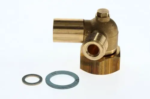Runde metallene Verbindung mit seitlichem Anschluss und Dichtungen aus Metall, vermutlich für Heizungs- oder Rohrleitungssysteme, hergestellt von Bosch.
